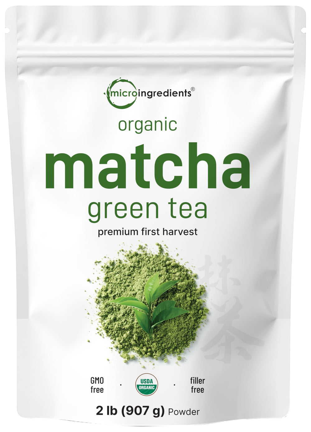 Micro Ingredients front packaging of 2 lb matcha, clear brand labeling and size benefit