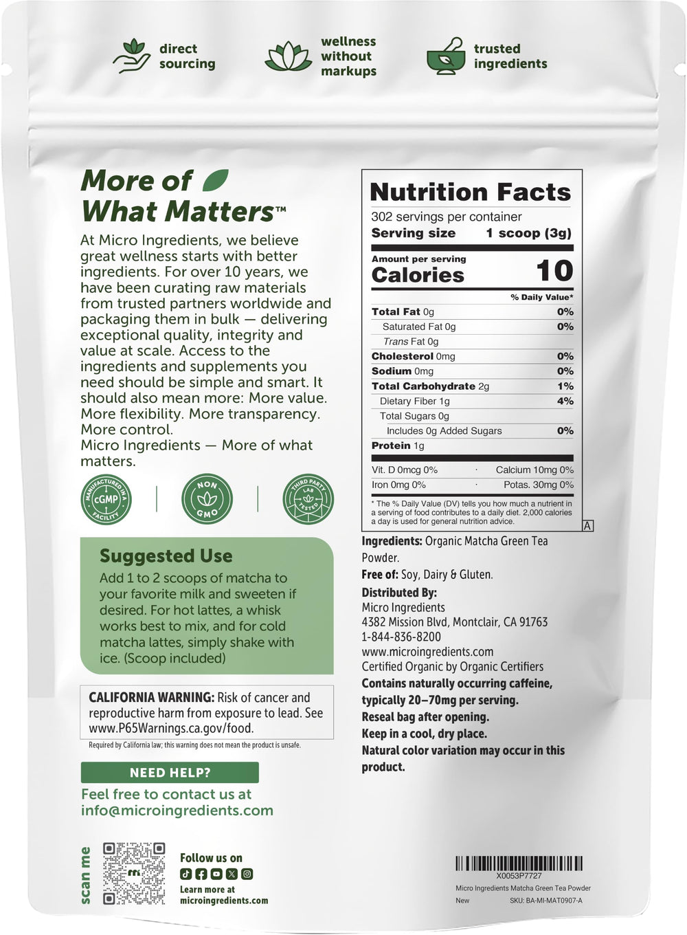 Micro Ingredients product label detail showing organic certification and purity