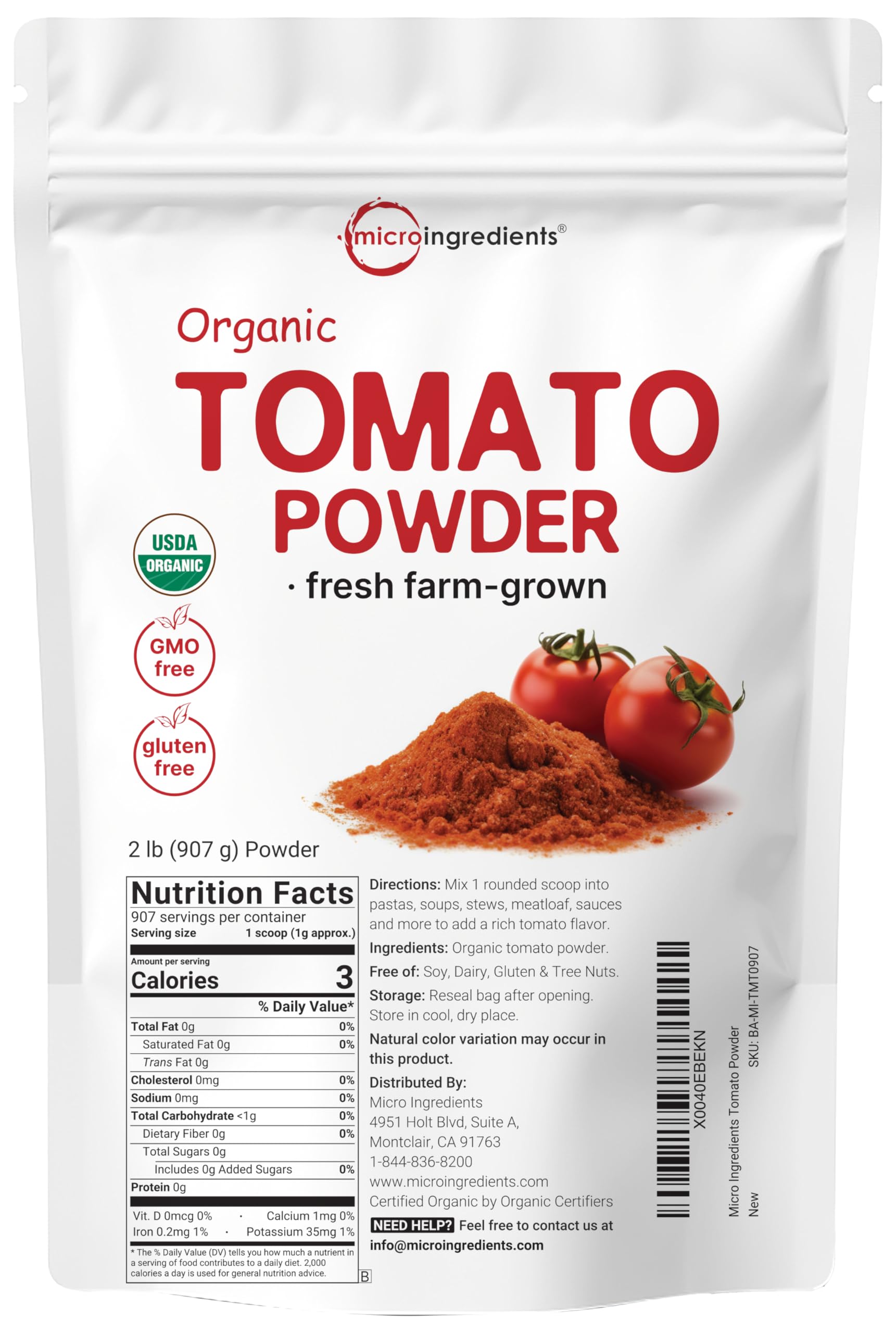 Micro Ingredients front pouch showing organic tomato powder and label benefits