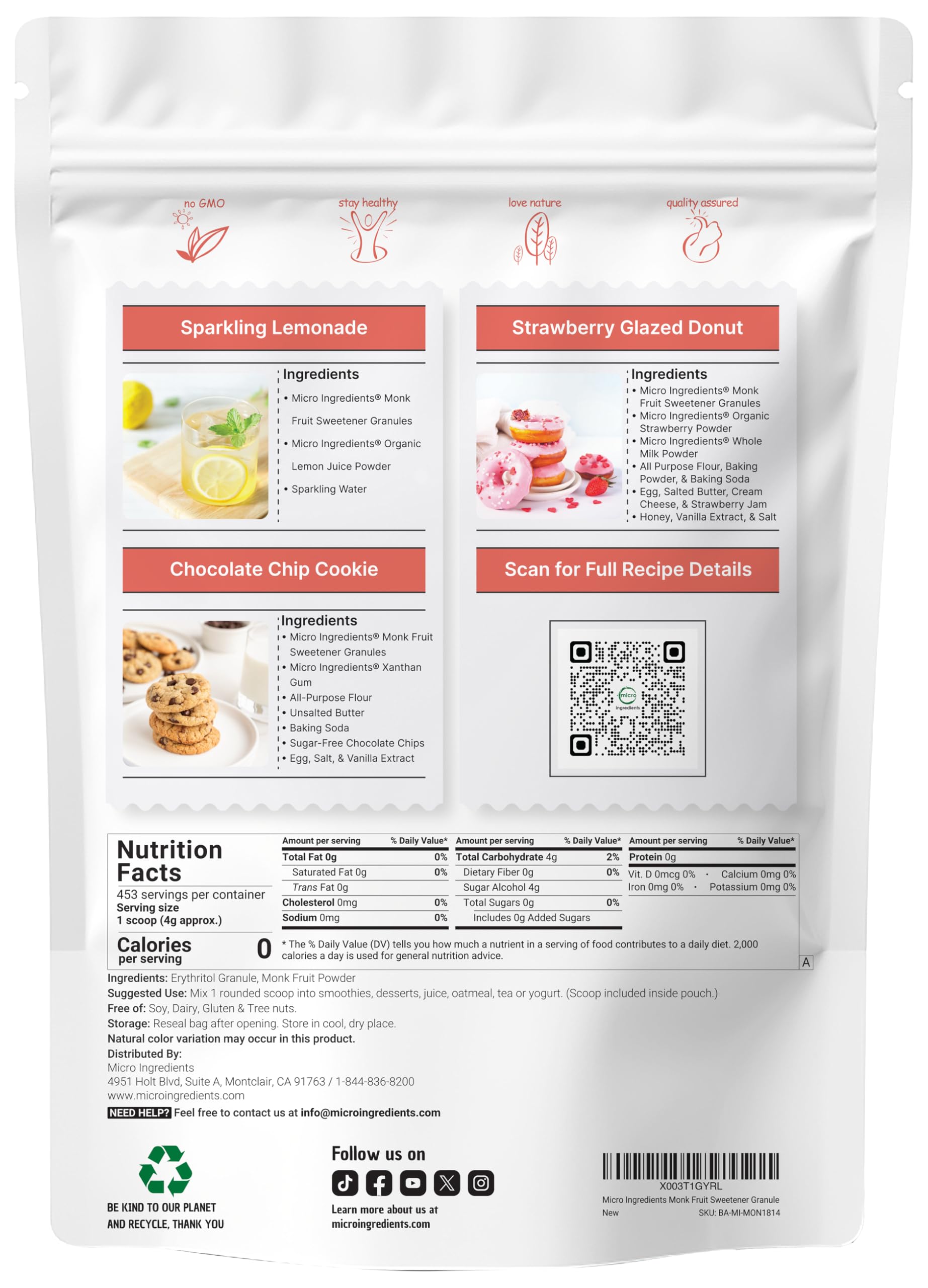 Micro Ingredients scoop with granules beside open tub, accurate measuring made simple