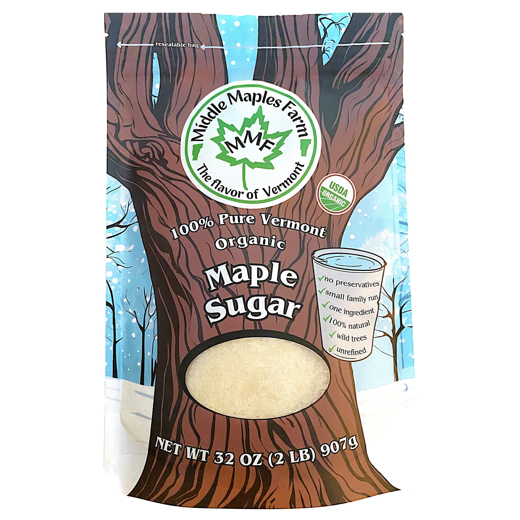 Middle Maples Farm front pouch showing label and 2 lb size, highlights organic benefits