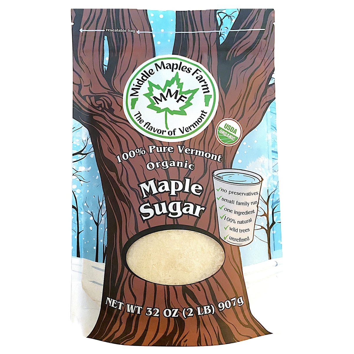 Middle Maples Farm front pouch showing label and 2 lb size, highlights organic benefits