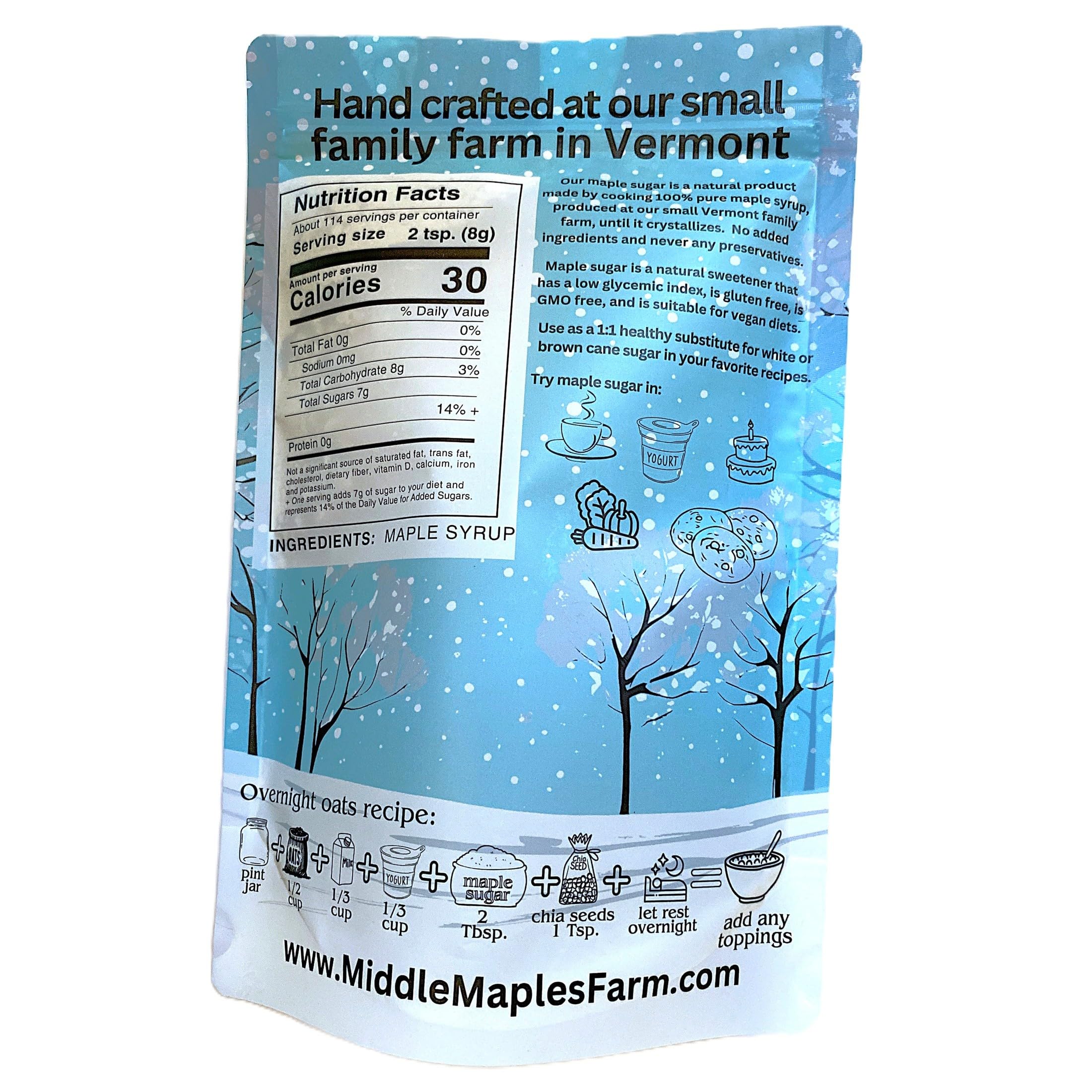 Middle Maples Farm open resealable pouch displaying dry maple sugar and easy storage