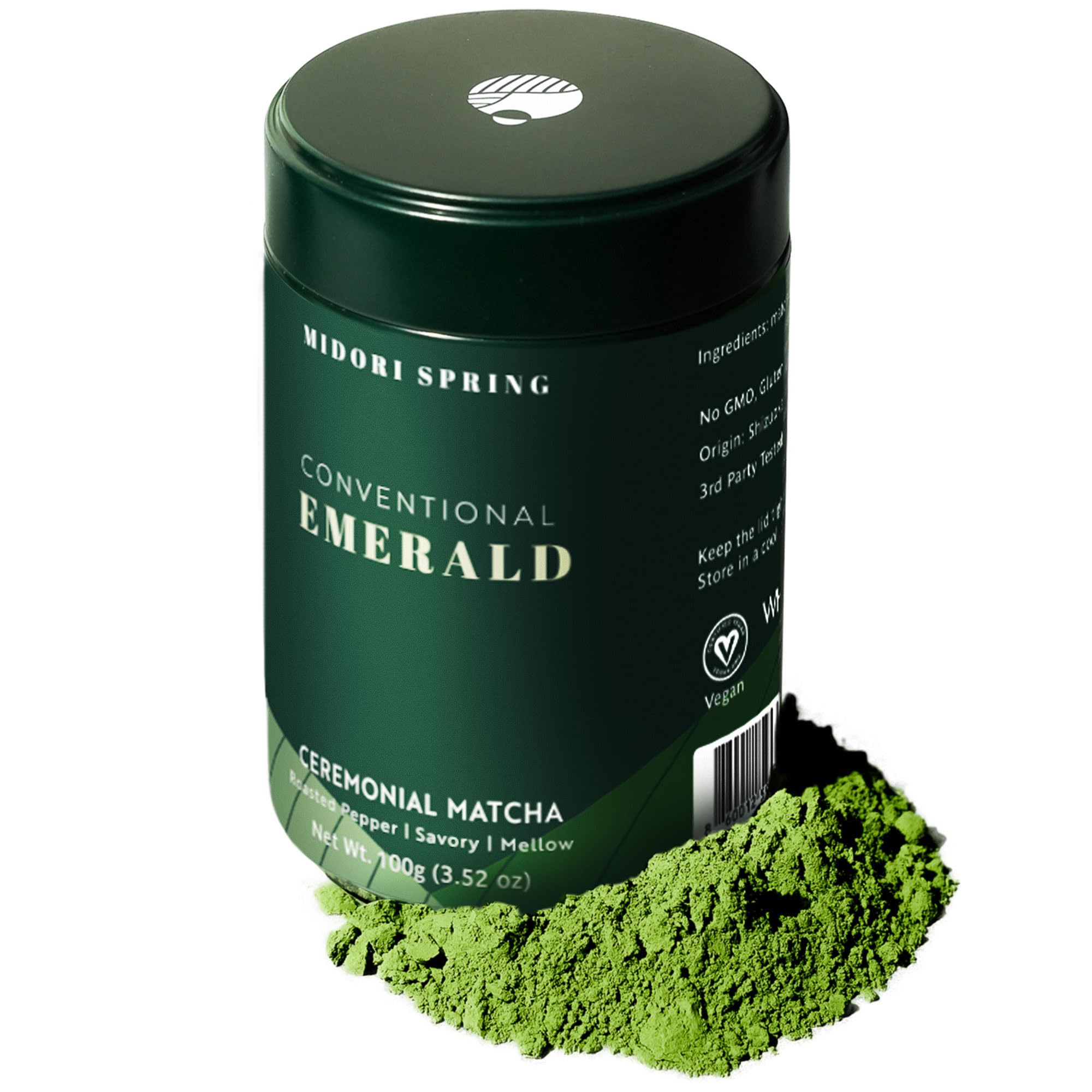Midori Spring front packaging showing 100g pouch and recyclable tin, highlights freshness
