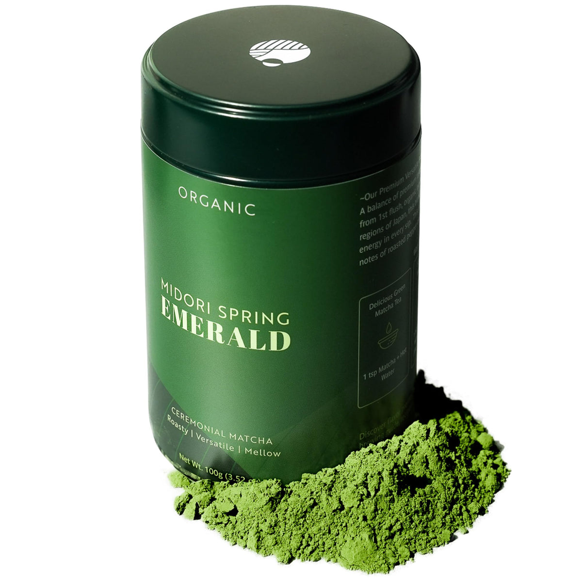 Midori Spring front tin showing label and certification benefits