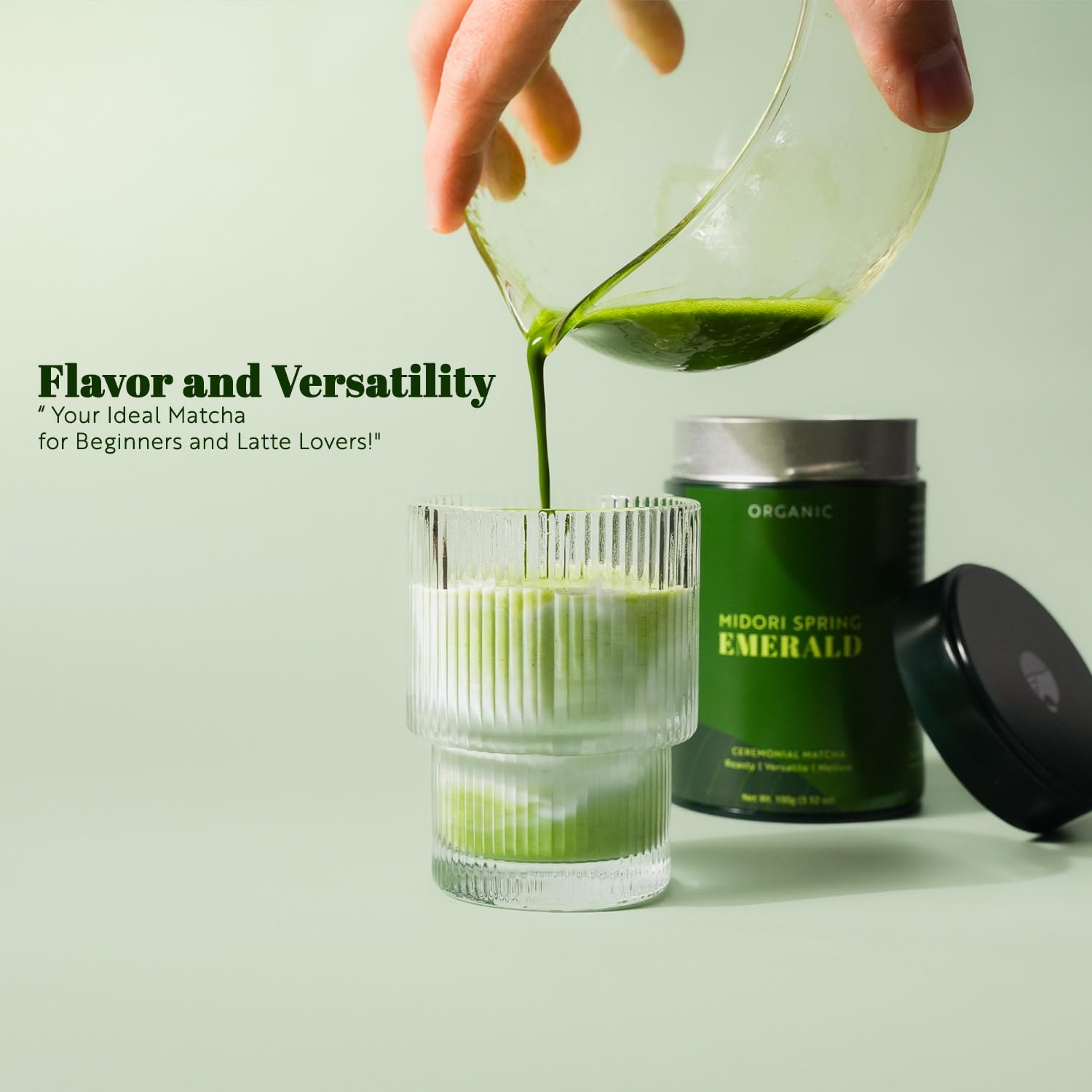 Midori Spring open tin with vivid emerald matcha powder visible
