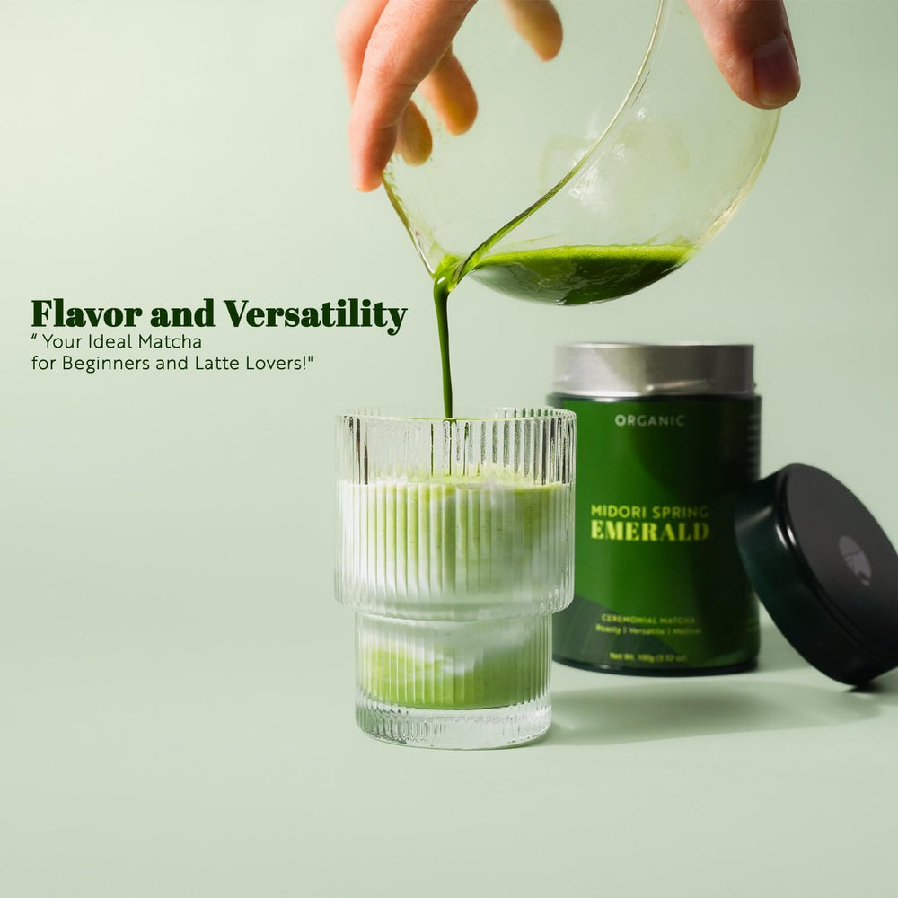 Midori Spring open tin with vivid emerald matcha powder visible