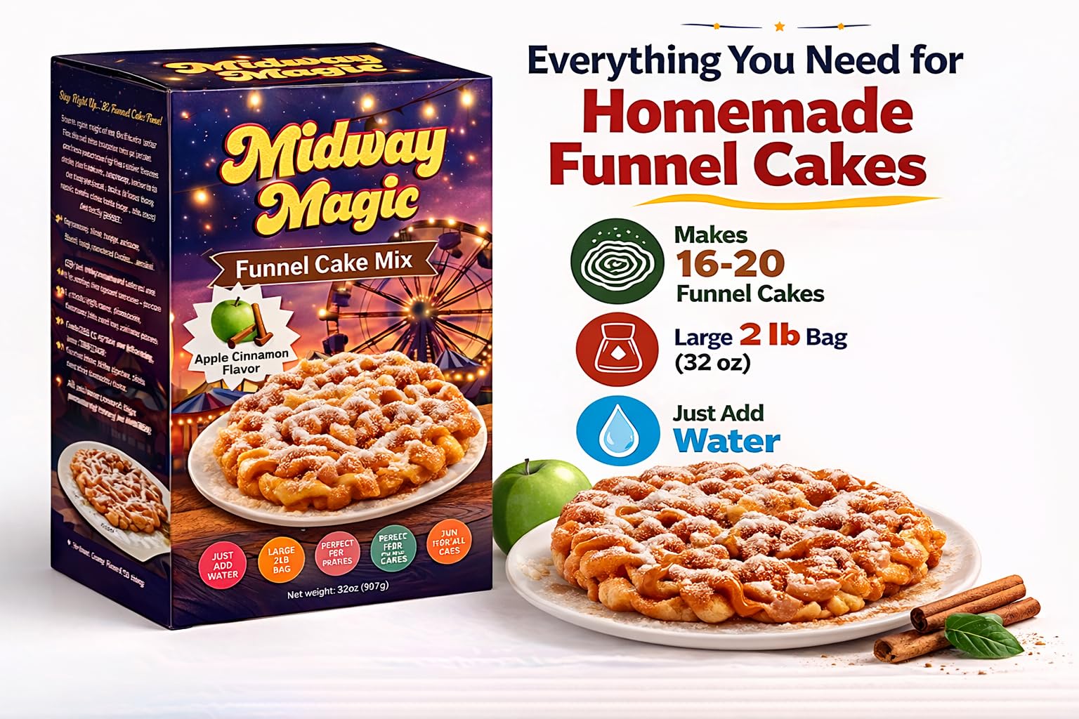 Midway Magic funnel cake served with powdered sugar and caramel topping