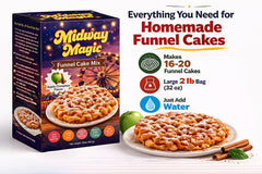 Midway Magic funnel cake served with powdered sugar and caramel topping
