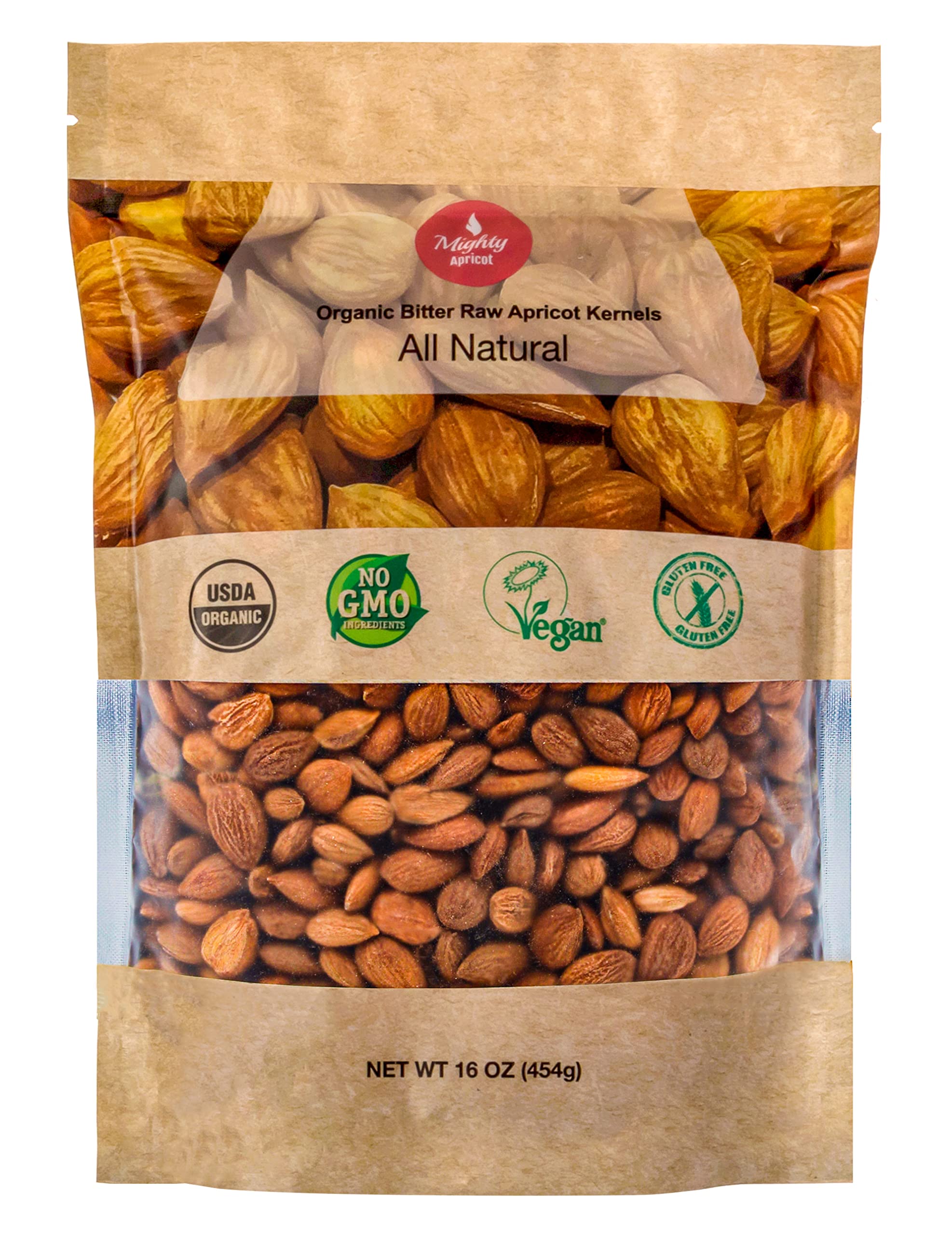 Mighty Apricot front packaging showing resealable 16 oz bag and organic label benefit freshness
