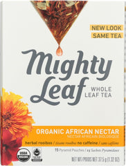 Mighty Leaf front packaging showing 45-count and fruity rooibos benefits