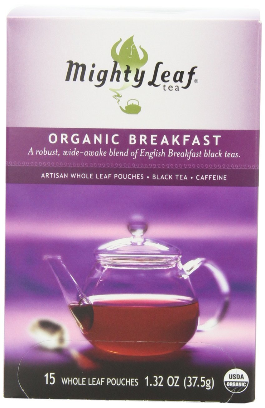 Mighty Leaf front packaging showing 45-count and bold breakfast tea benefit