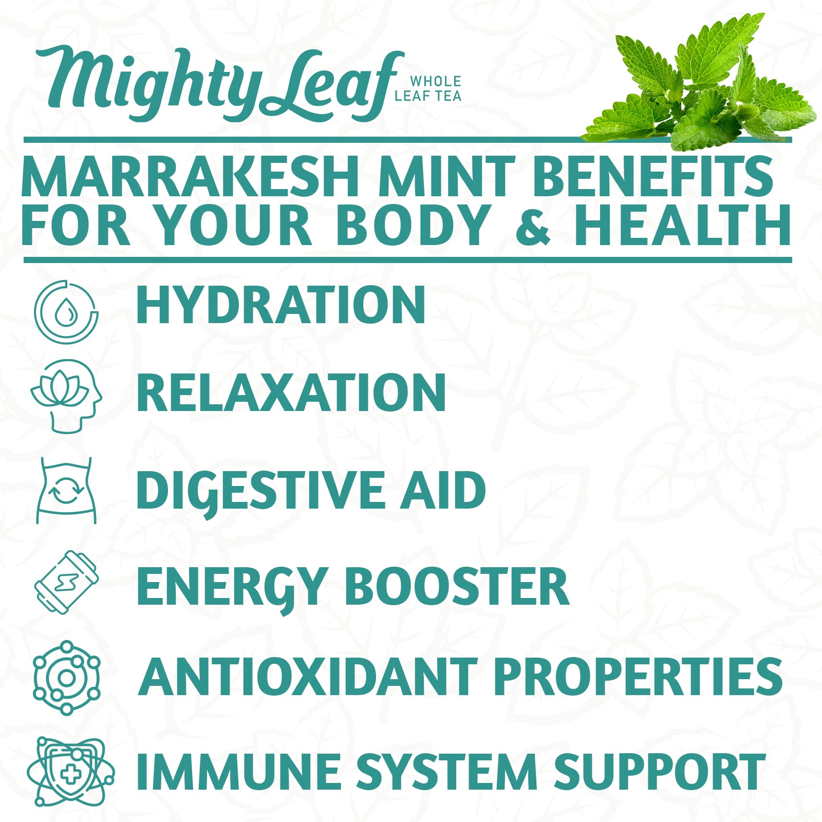Mighty Leaf brewed cup steaming with mint for a soothing, aromatic experience