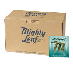 Mighty Leaf front packaging showing 100 pouches and product name for easy identification