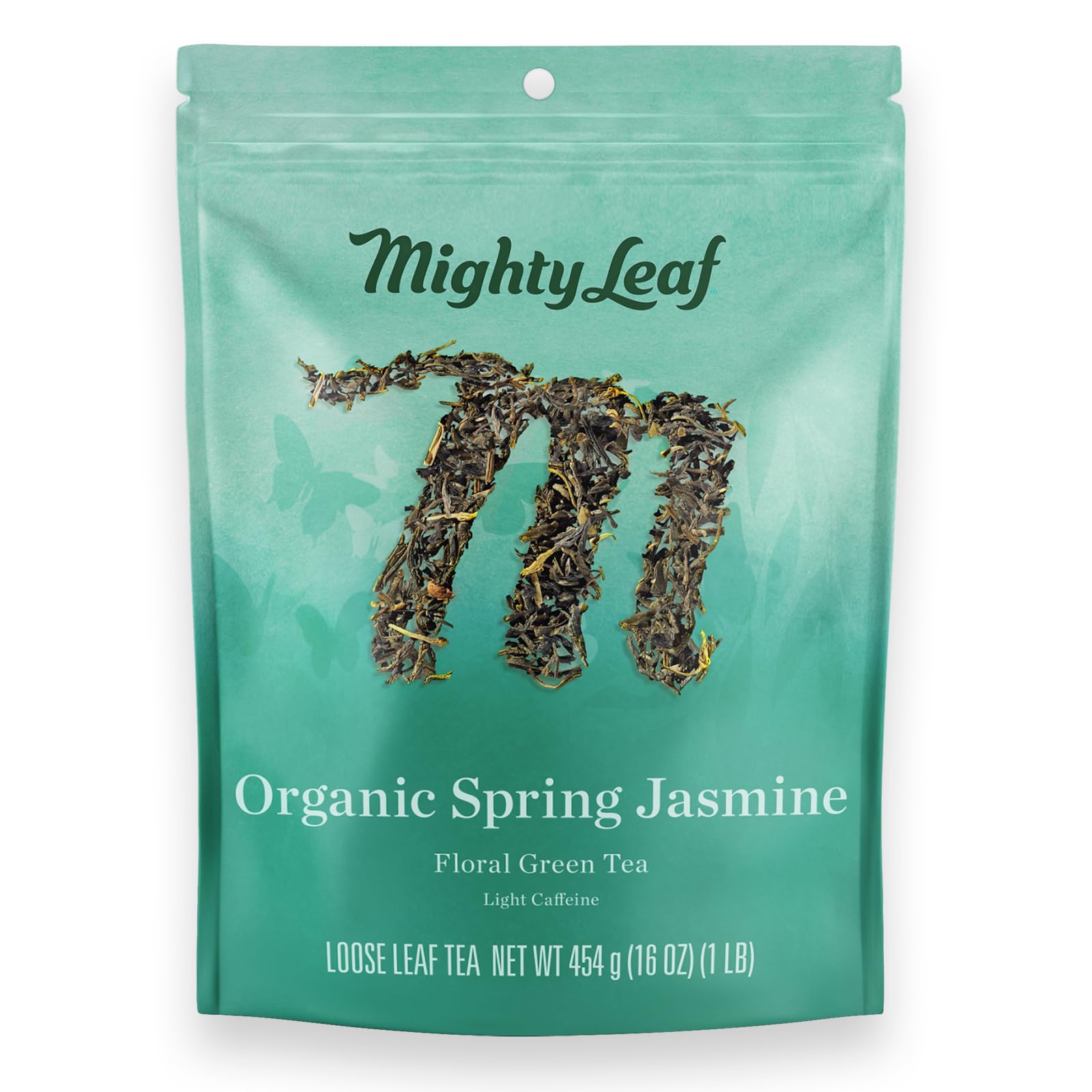 Mighty Leaf front of bag showing organic 1 lb loose leaf packaging and product name benefiting storage
