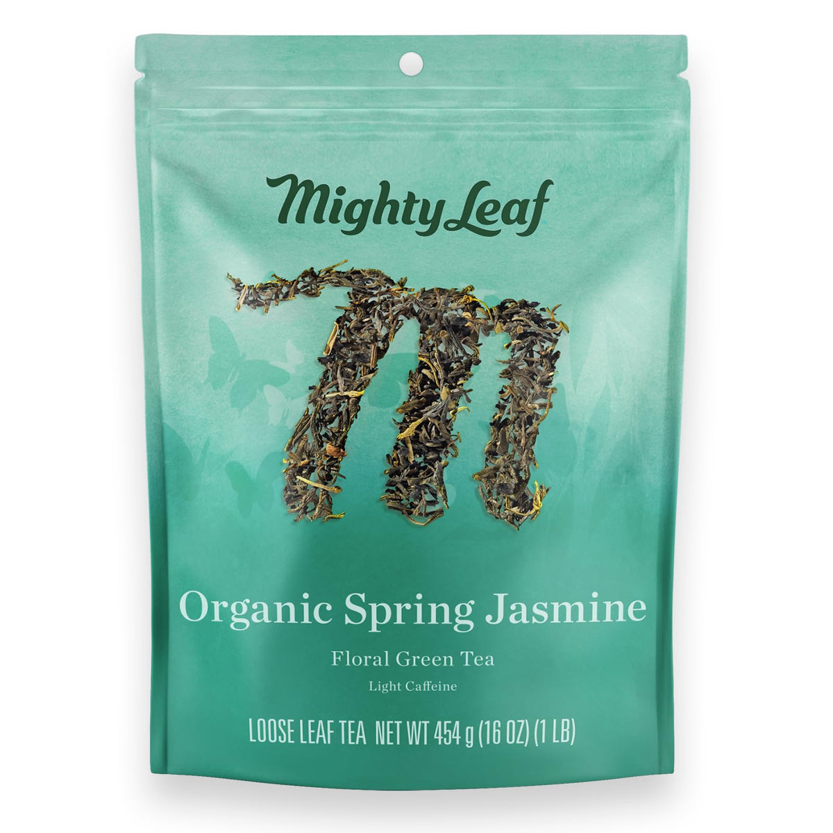 Mighty Leaf front of bag showing organic 1 lb loose leaf packaging and product name benefiting storage