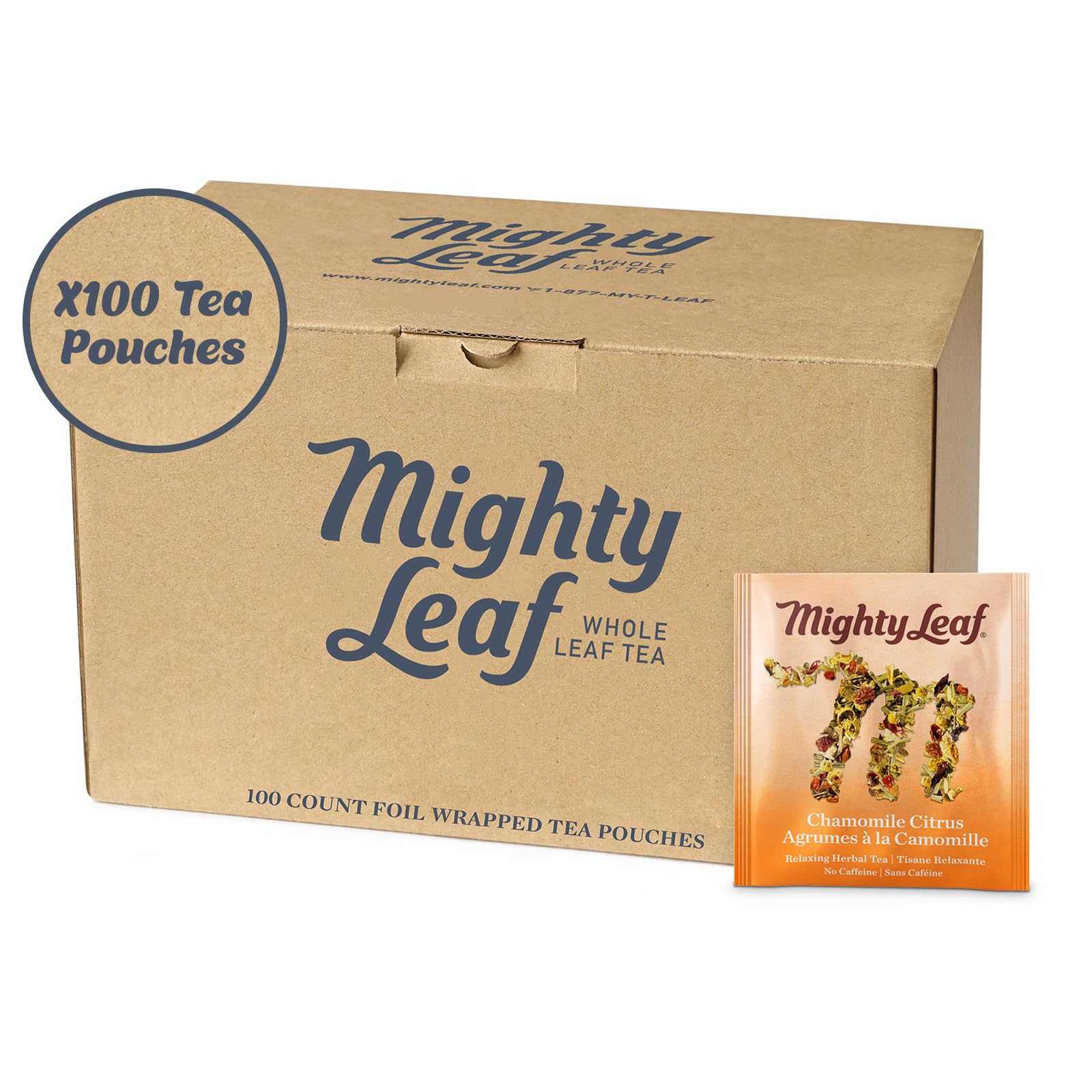 Mighty Leaf front packaging showing chamomile citrus blend and 100 count benefit
