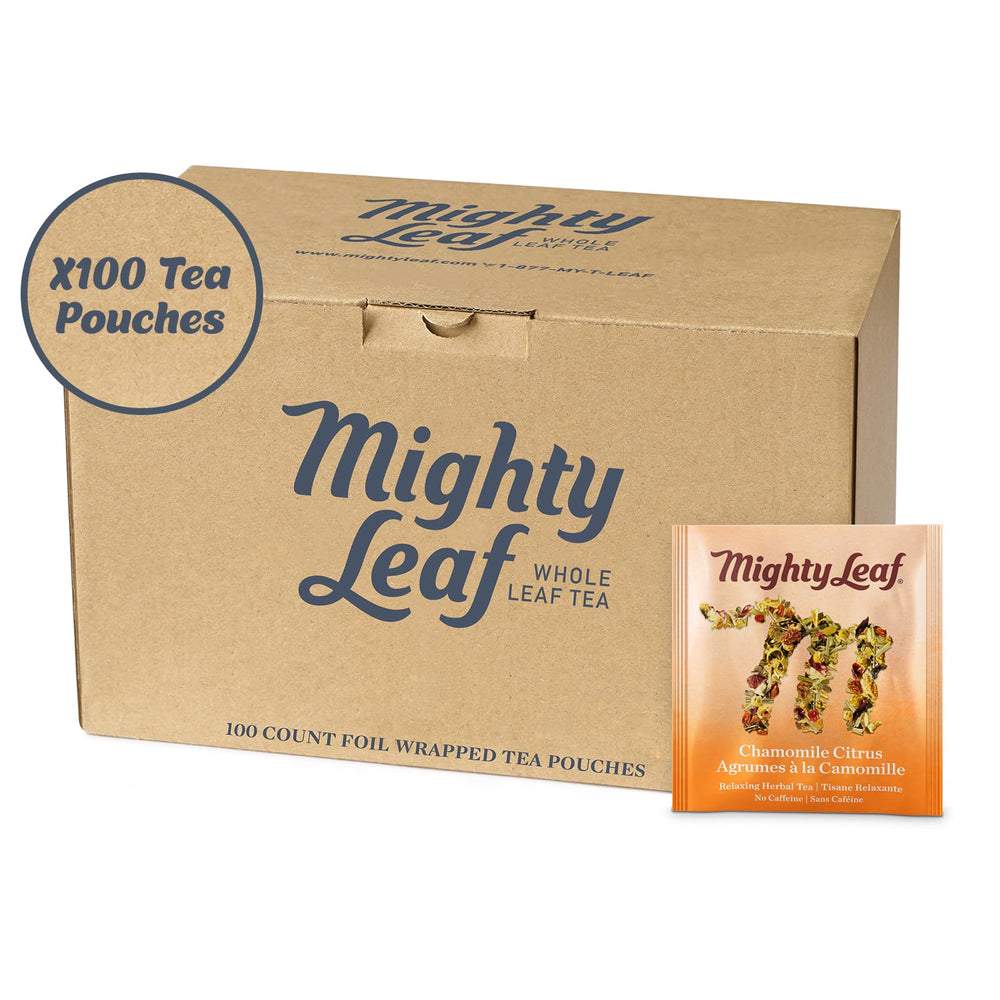 Mighty Leaf front packaging showing chamomile citrus blend and 100 count benefit
