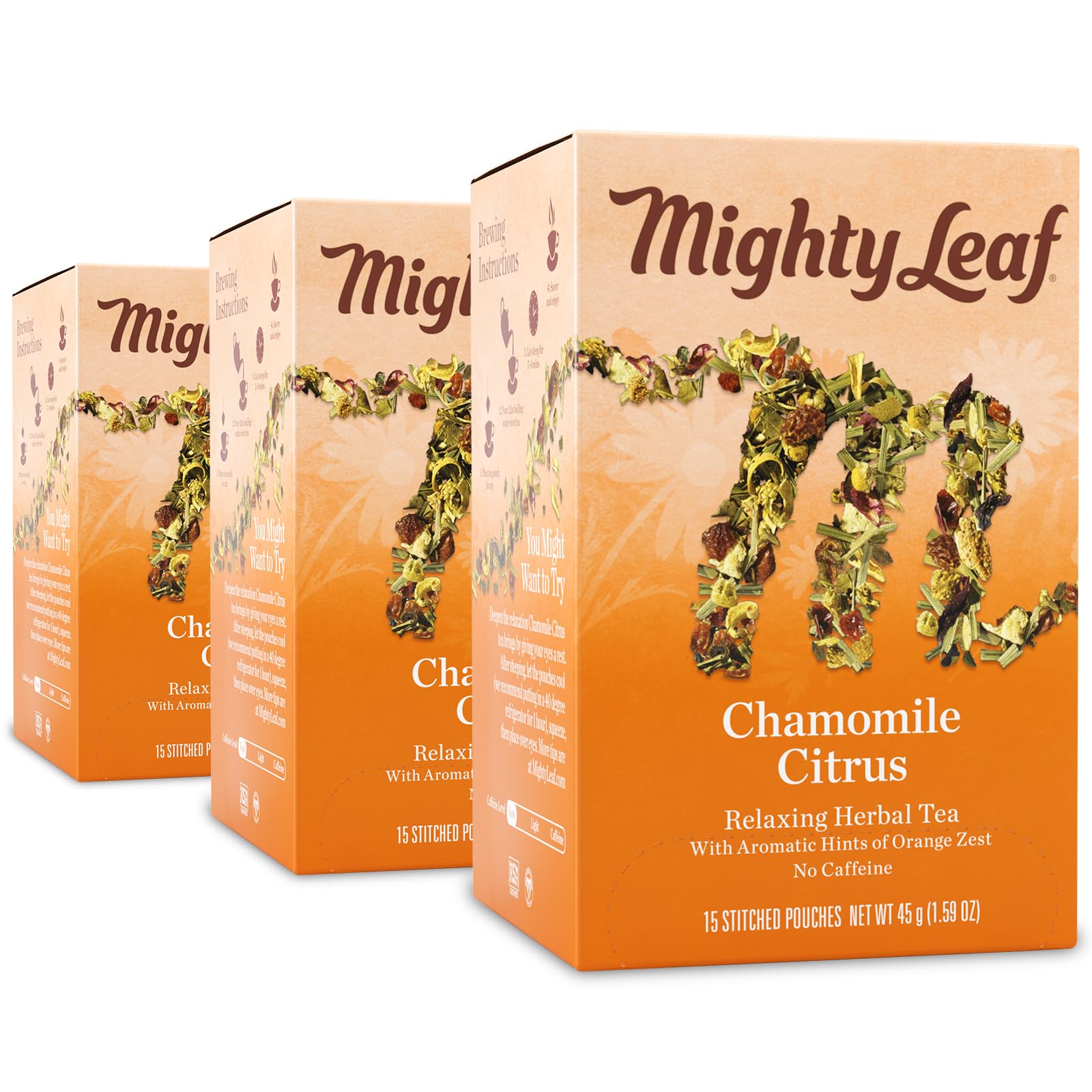 Mighty Leaf front packaging showing chamomile citrus and convenience