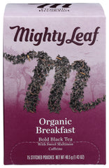 Mighty Leaf front packaging showing organic fair trade badge and bold breakfast branding benefit clarity
