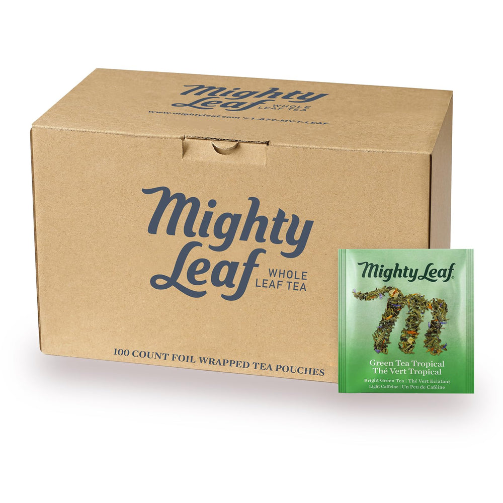 Mighty Leaf front packaging showing tropical green tea, convenient 100-count