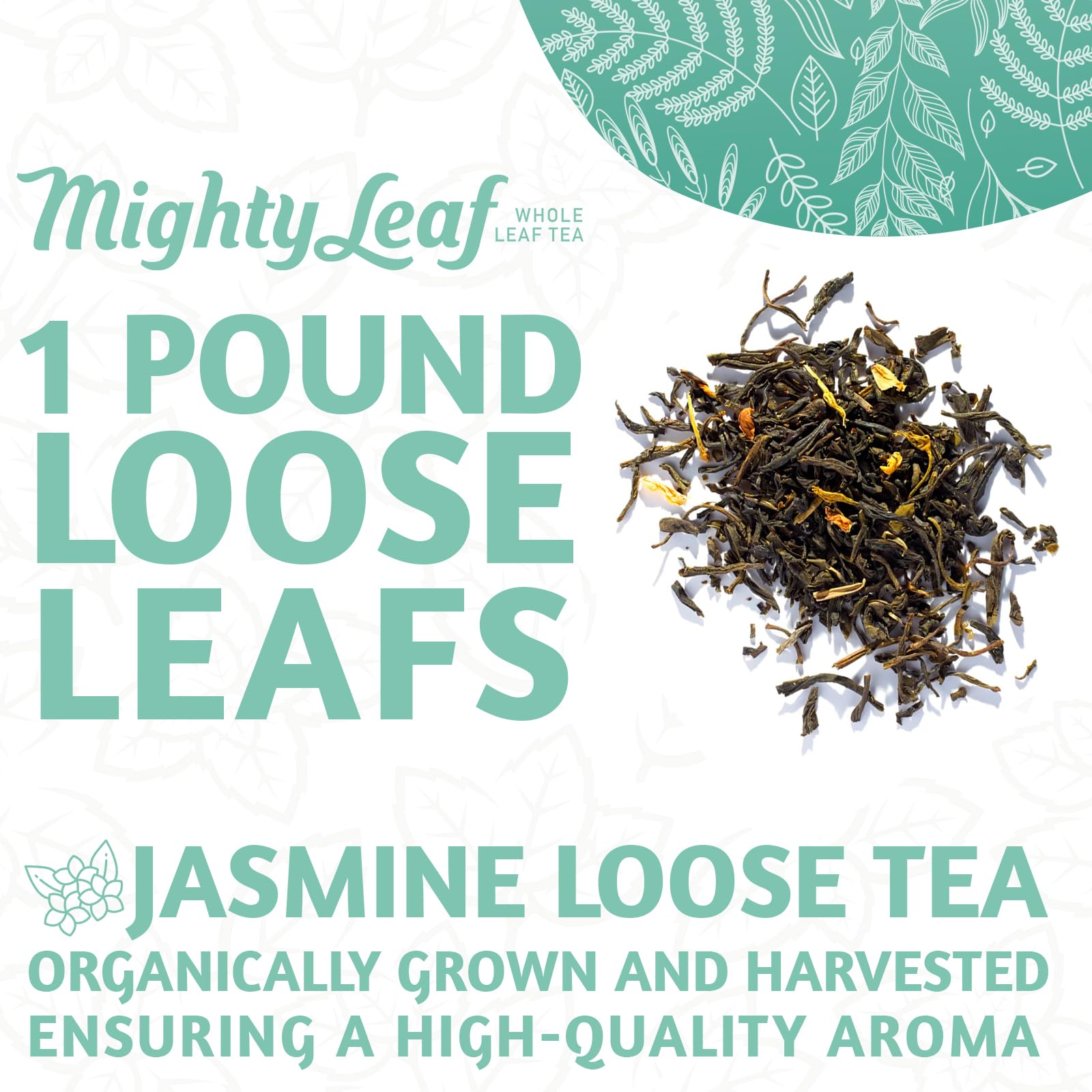 Mighty Leaf jasmine blossoms layered with leaves highlighting natural scent and aroma benefit