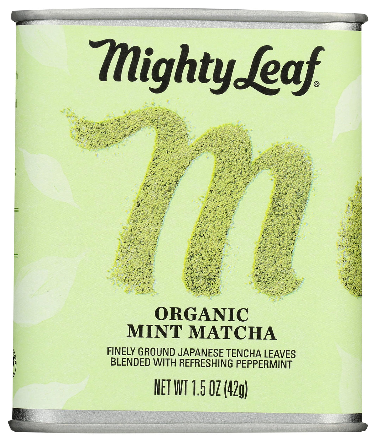 Mighty Leaf front tin showing product packaging and clear branding benefit convenience