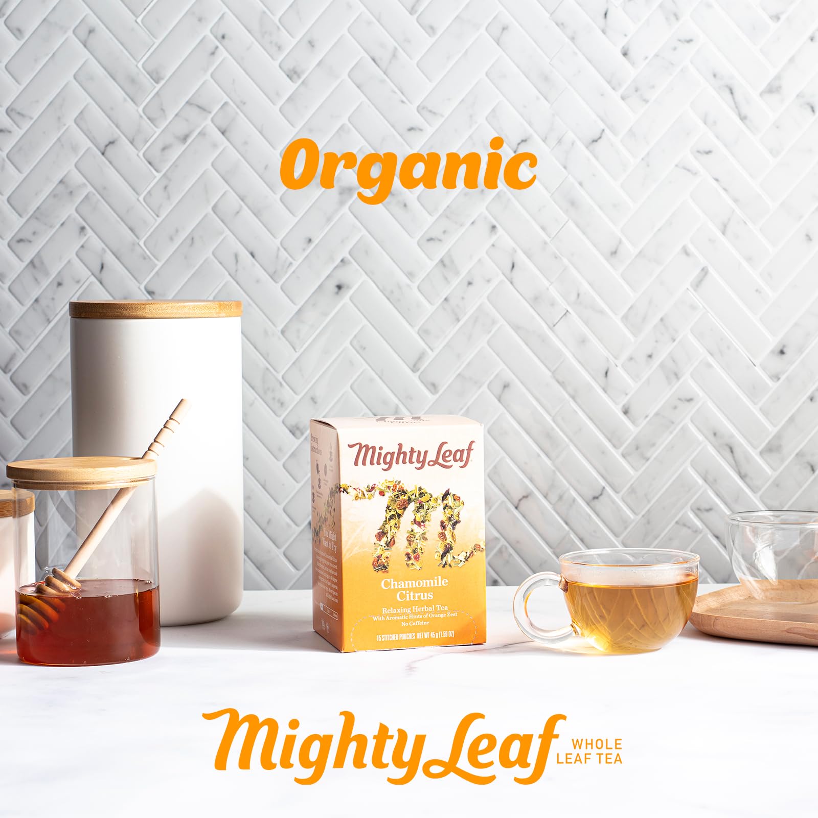 Mighty Leaf tea displayed in office kitchen for easy guest service