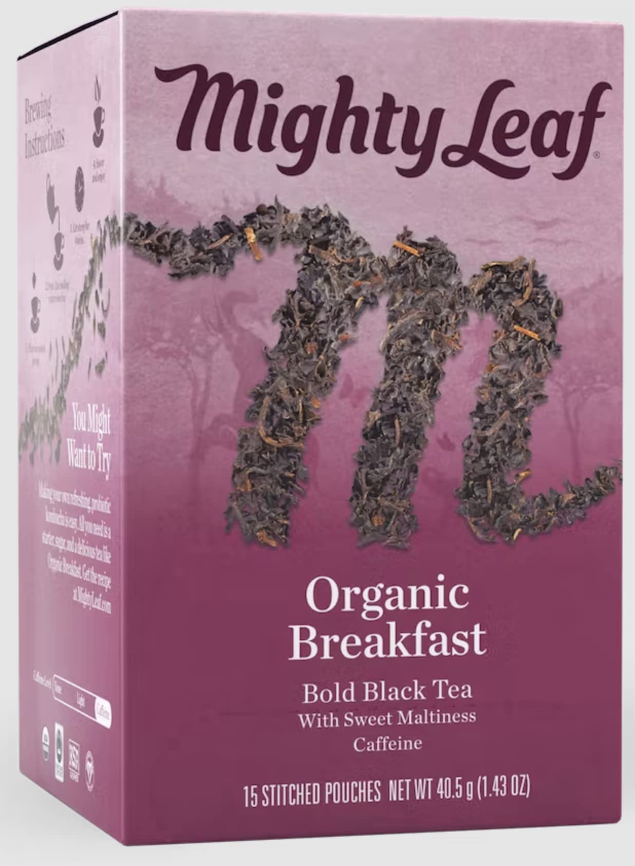 Mighty Leaf front packaging showing 15 teas with bold morning flavor