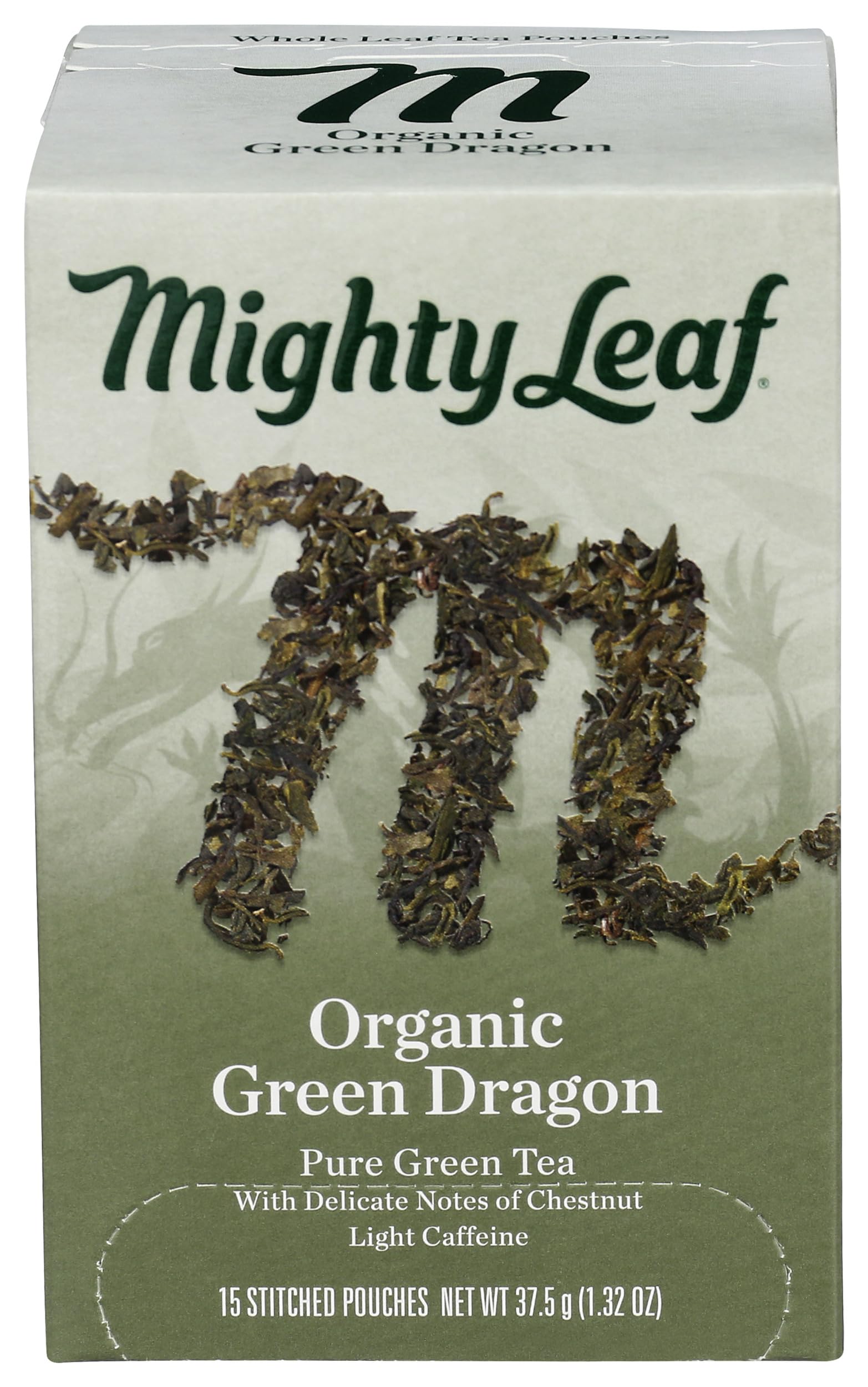 Mighty Leaf front packaging showing organic Green Dragon, clear product identification and quality