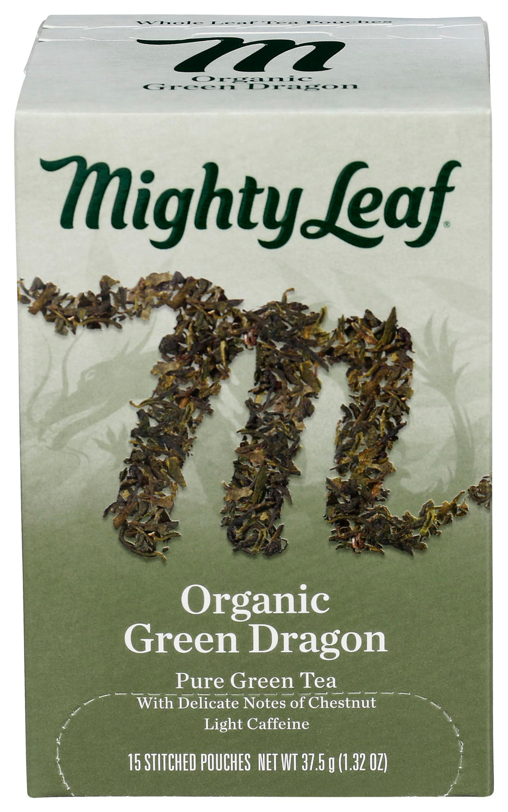 Mighty Leaf front packaging showing organic Green Dragon, clear product identification and quality