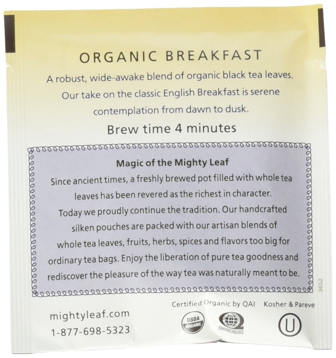 Mighty Leaf pyramid pouch close-up displaying whole-leaf infusion potential and aroma