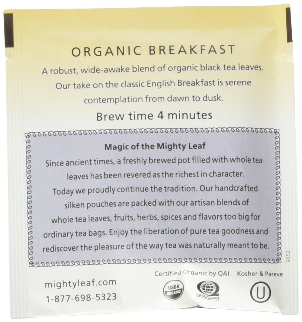Mighty Leaf pyramid pouch close-up displaying whole-leaf infusion potential and aroma