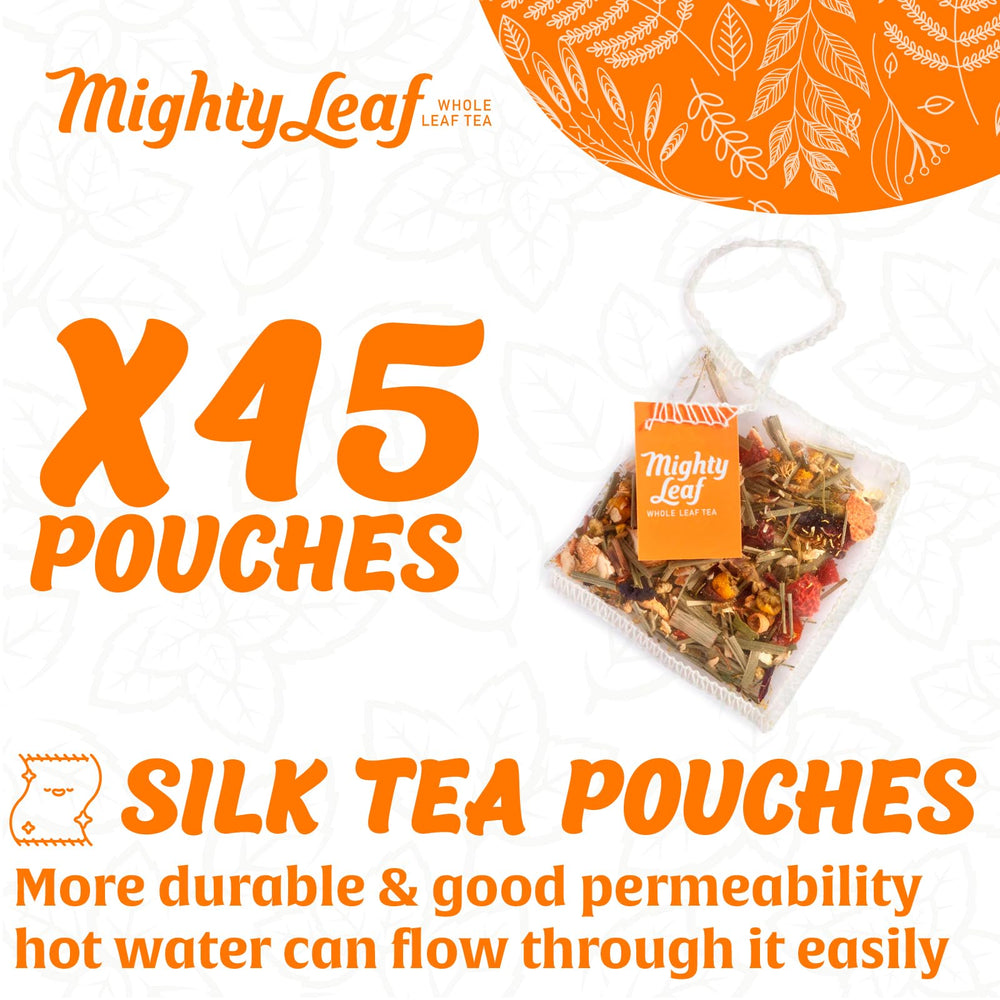 Mighty Leaf pyramid pouch close-up showing whole-leaf infusion benefit