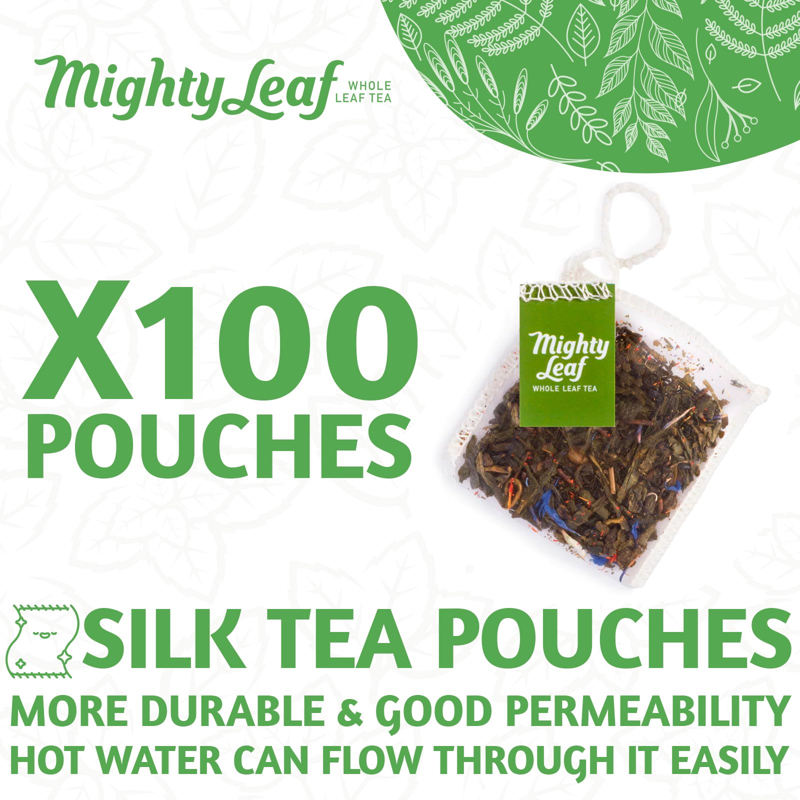 Mighty Leaf pyramid sachet close-up highlighting whole-leaf infusion benefit