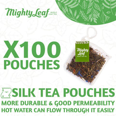 Mighty Leaf pyramid sachet close-up highlighting whole-leaf infusion benefit