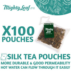 Mighty Leaf silken pouch close-up revealing whole-leaf expansion for fuller flavor