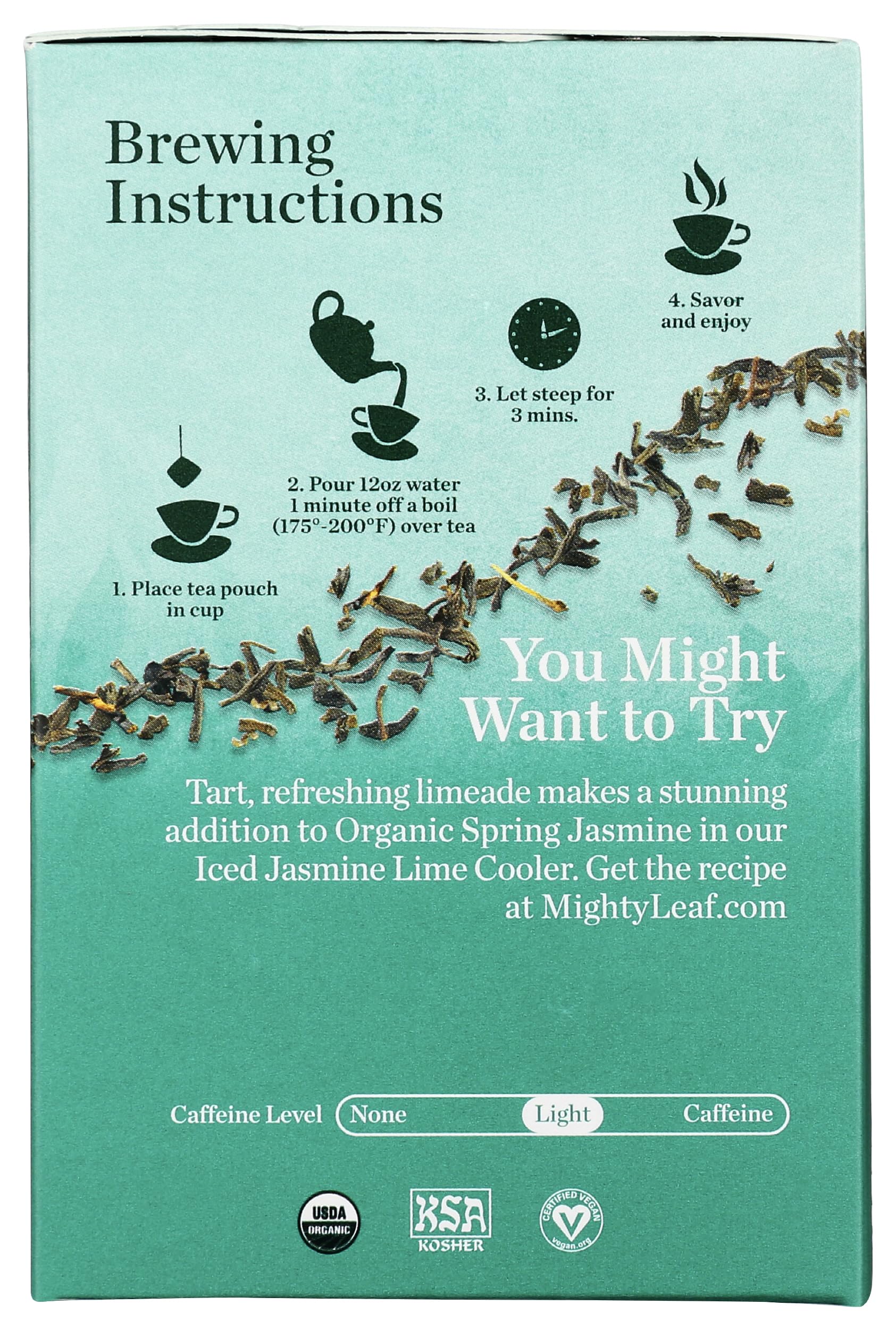Mighty Leaf pouch beside cup for scale and single-serve portion clarity