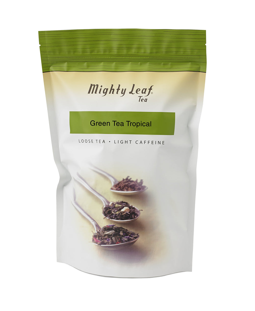 Mighty Leaf front pouch showing tropical green tea, useful for pantry storage