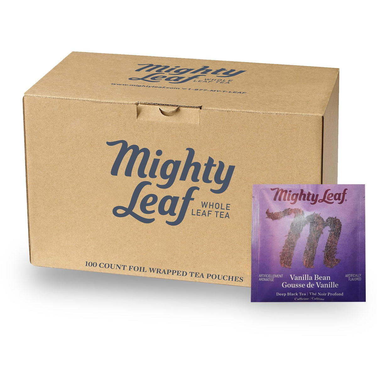 Mighty Leaf front packaging showing brand and 100-count convenience