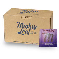 Mighty Leaf front packaging showing brand and 100-count convenience