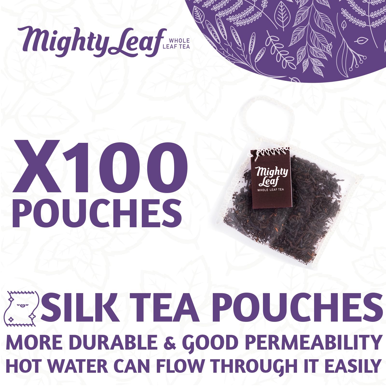 Mighty Leaf pyramid pouch with whole leaves infusing for fuller flavor