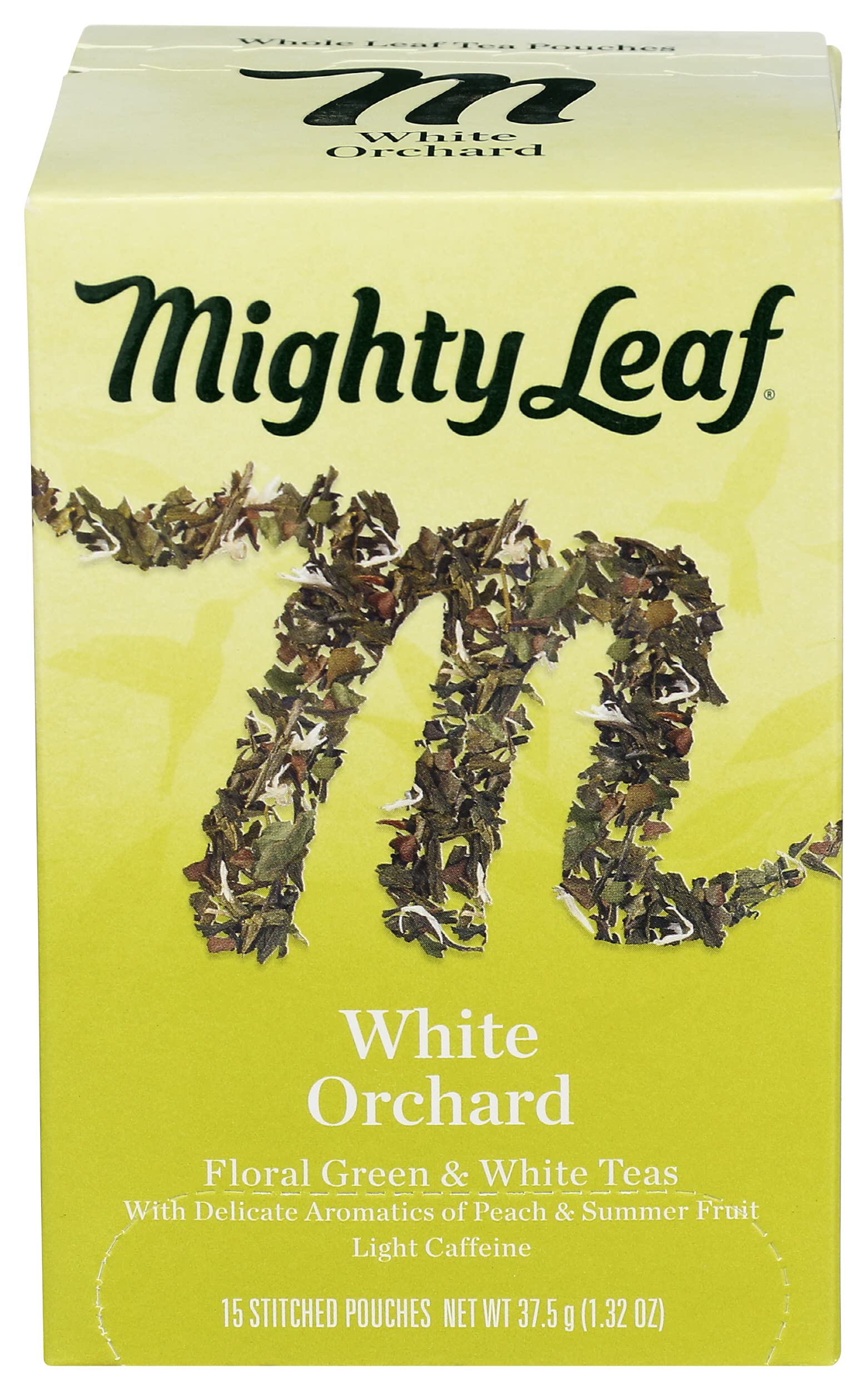 Mighty Leaf front box showing 15-count and orchard flavor benefit