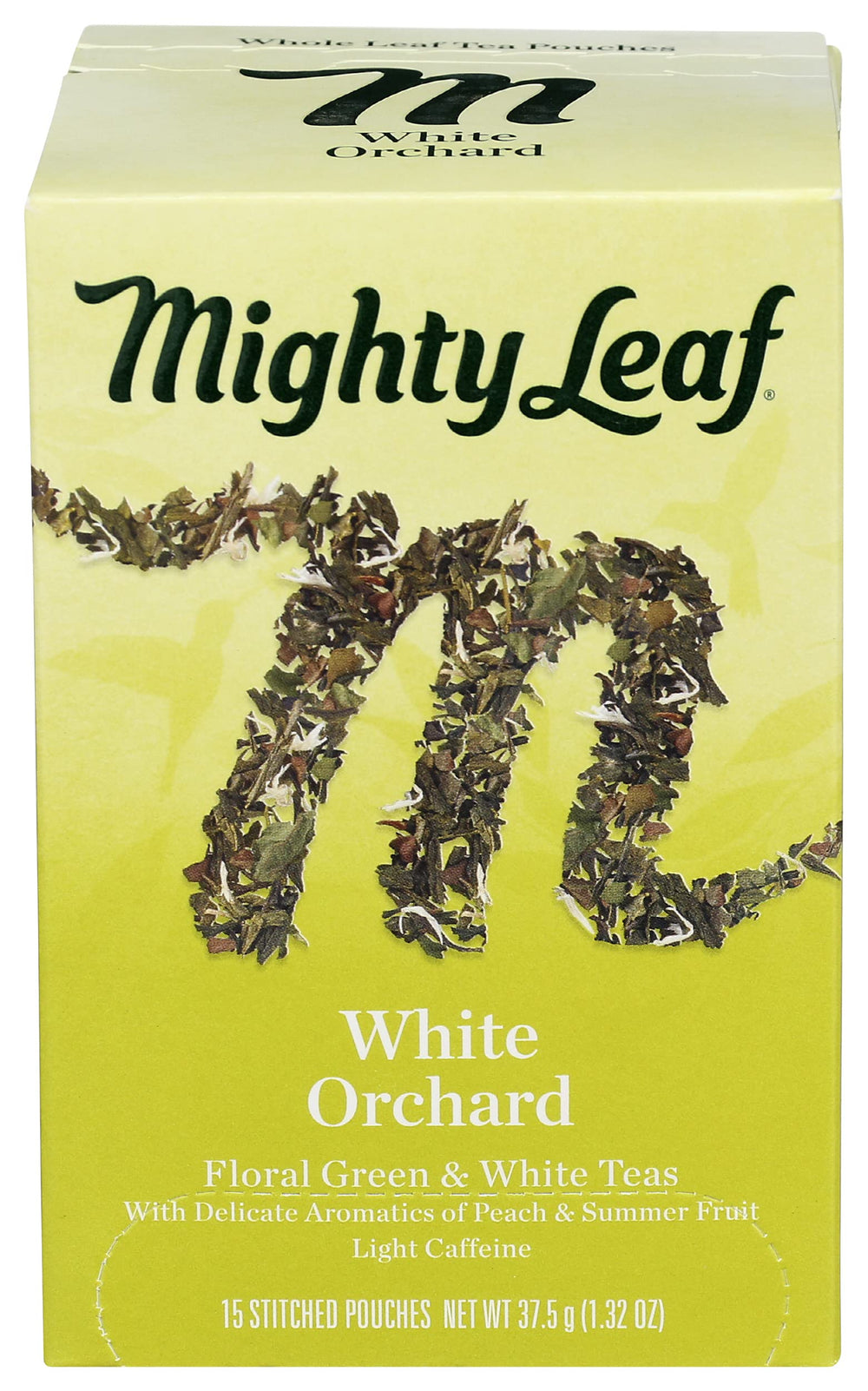 Mighty Leaf front box showing 15-count and orchard flavor benefit
