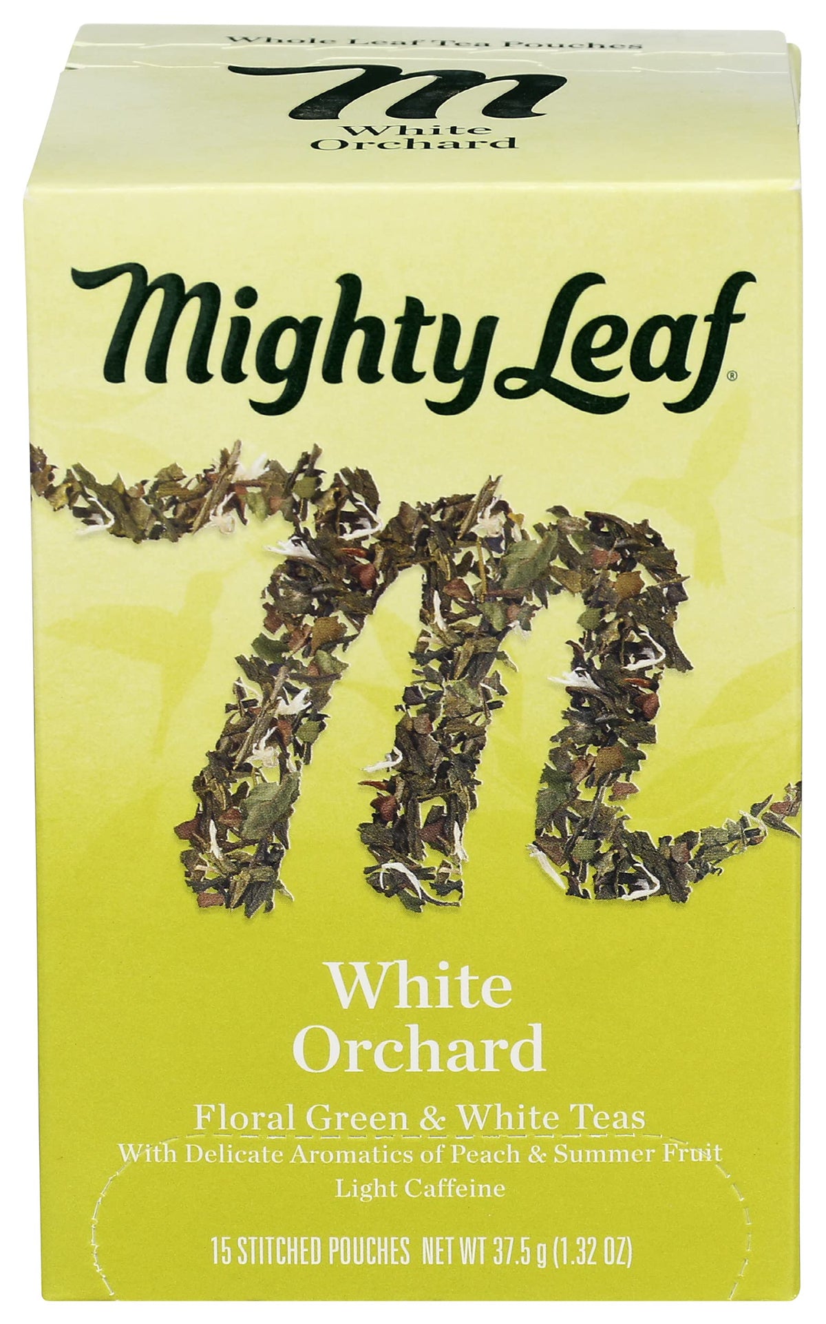 Mighty Leaf front box showing 15-count and orchard flavor benefit