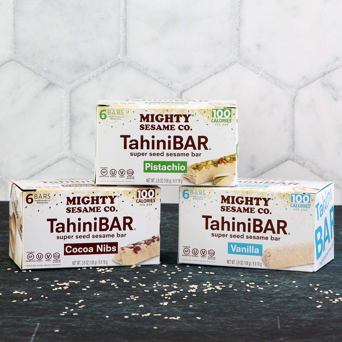 Mighty Sesame Co. individually wrapped TahiniBar highlighting portability