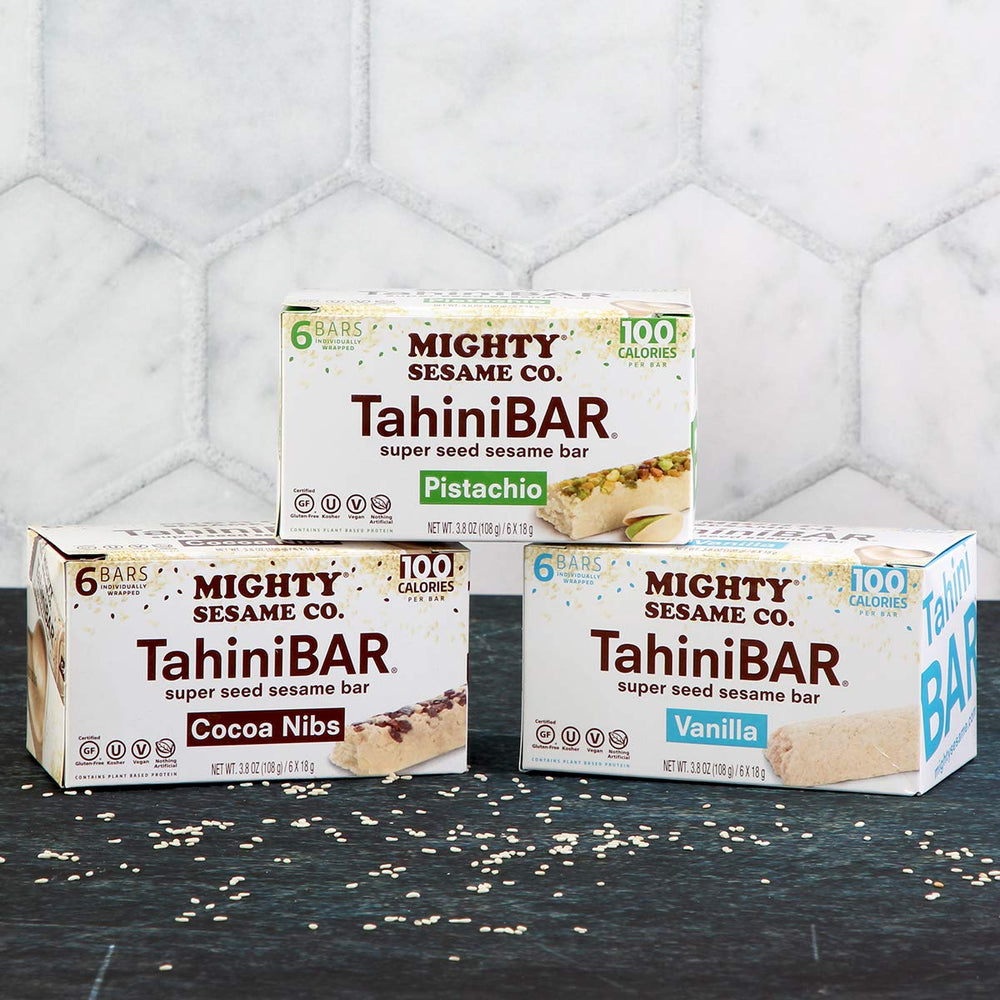 Mighty Sesame Co. individually wrapped TahiniBar highlighting portability