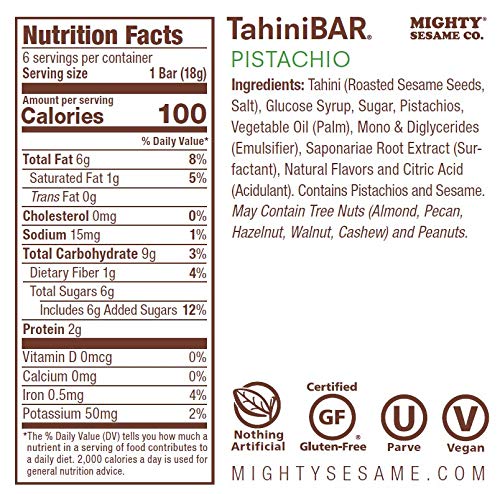 Mighty Sesame Co. nutrition label detail showing calorie and ingredient facts