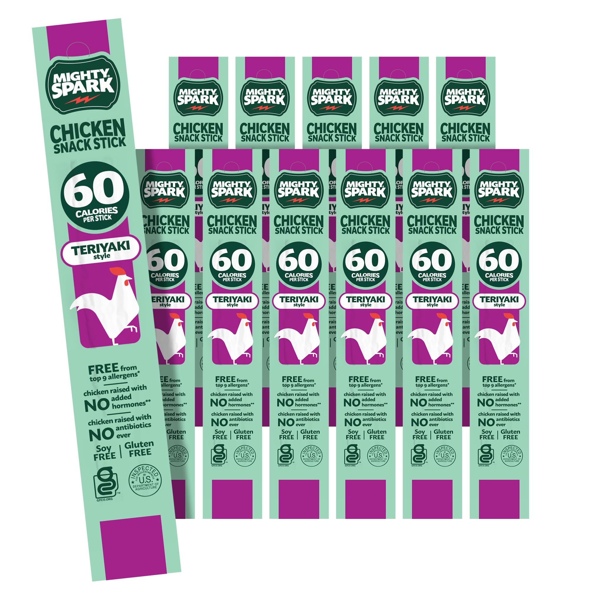 Mighty Spark front packaging showing 12-count teriyaki chicken sticks and benefits