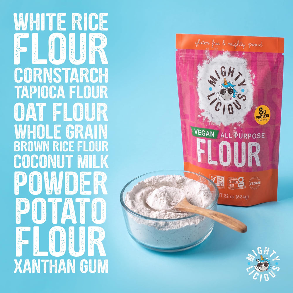 Mightylicious scoop of rice flour ready to measure for precise baking